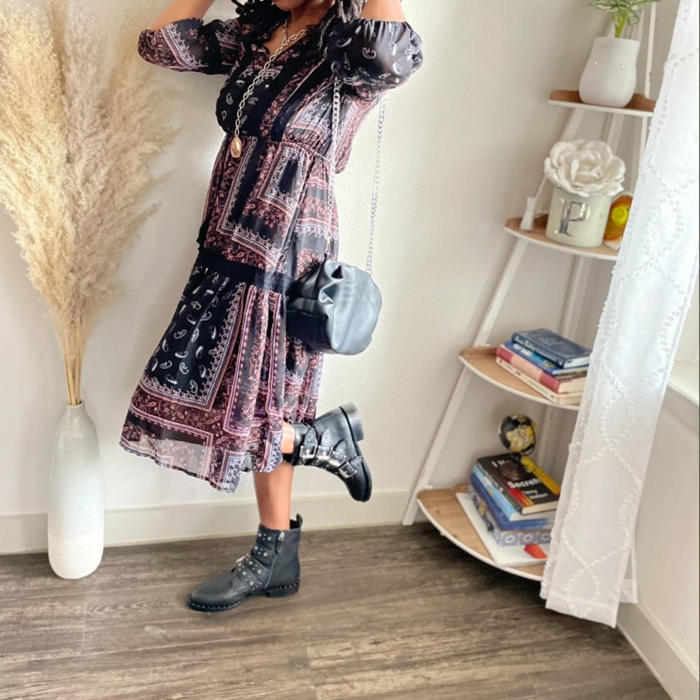 Bohemian Tassel Sheer Dress Black Purple XS